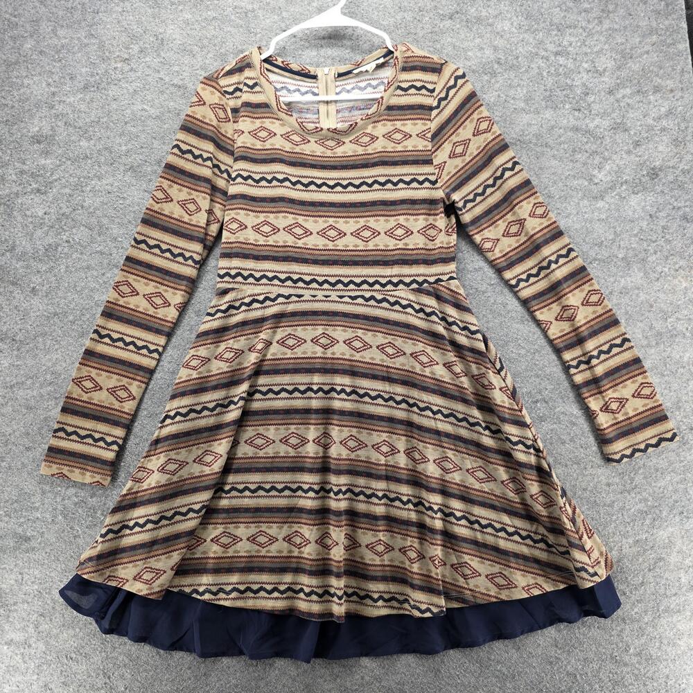 Hem & Thread Dress Womens Medium Beige Navy Aztec Stripe Long Sleeve Ruffle Hem